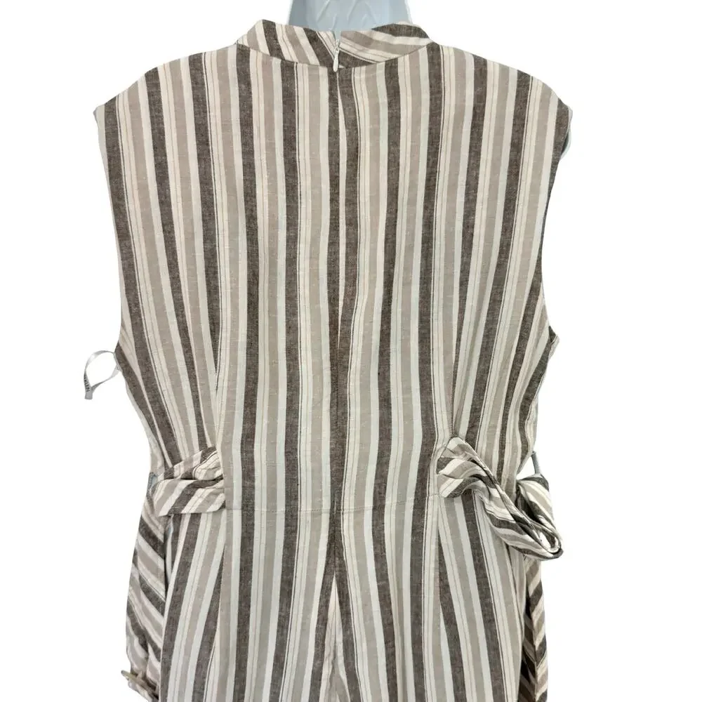 Calvin Klein White Beige Mock Neck Pinstripe Linen Blend Cropped Jumpsuit sz 12 - Picture 11 of 16